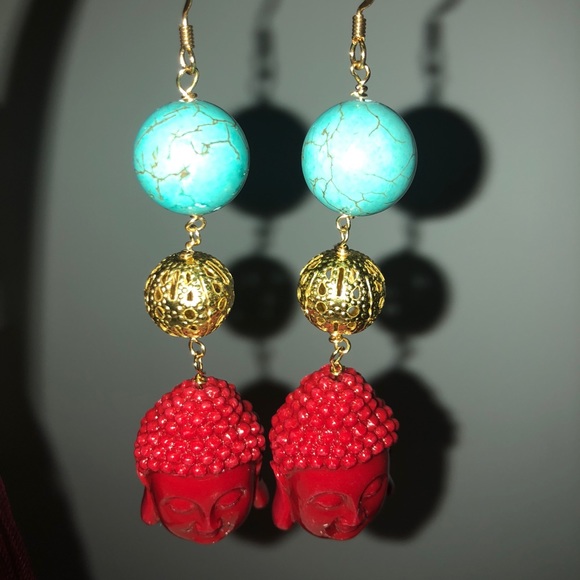 real turquoise, gold and red Buddha earrings - Picture 1 of 4